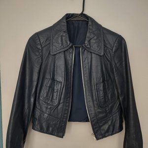 Vintage Genuine Leather Jacket, Navy Blue, German-made, Women's size small